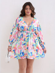  Floral Print Lantern Sleeve Dress With Belt