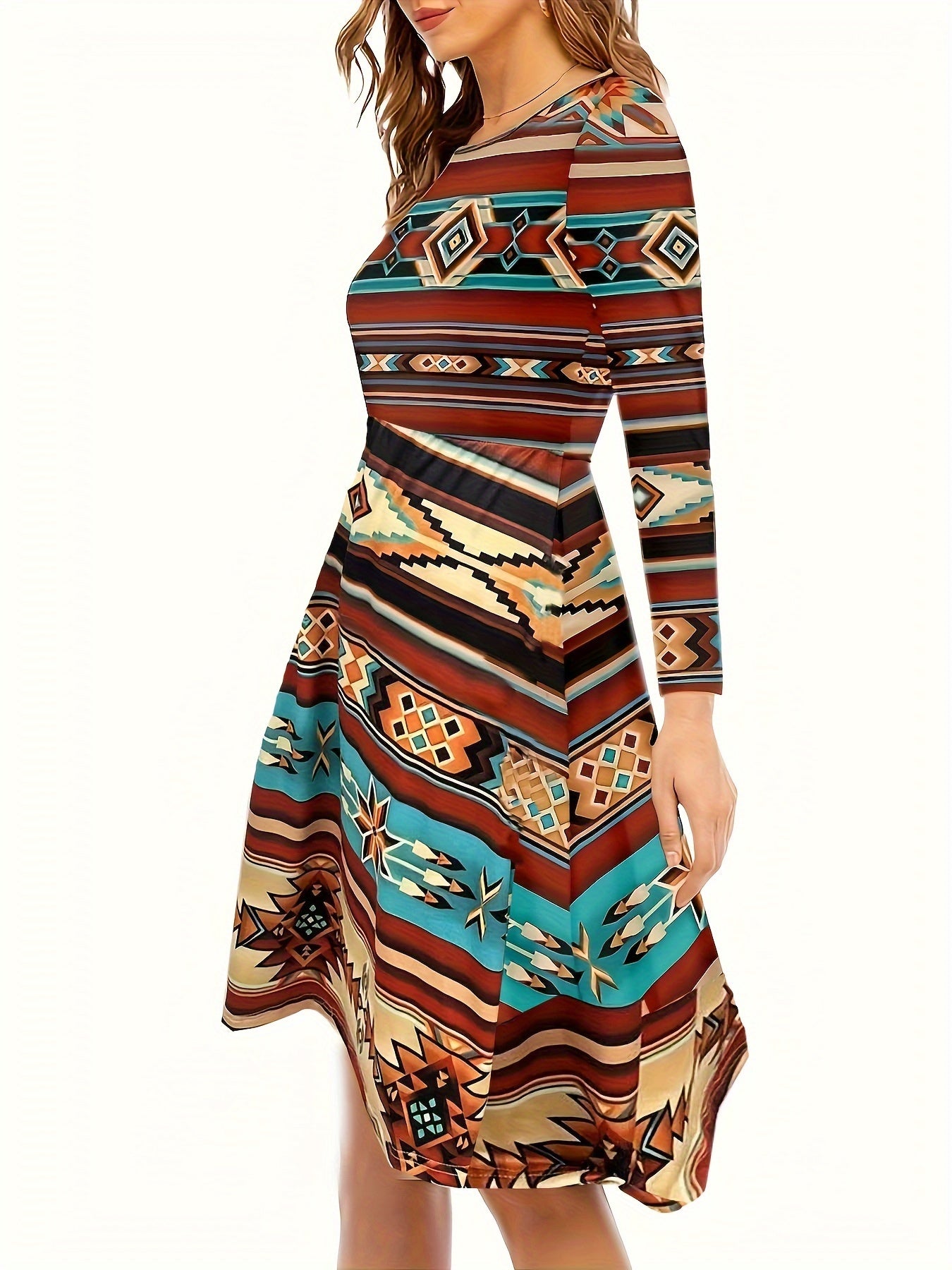  Colorblock Geometric Print Boho Dress