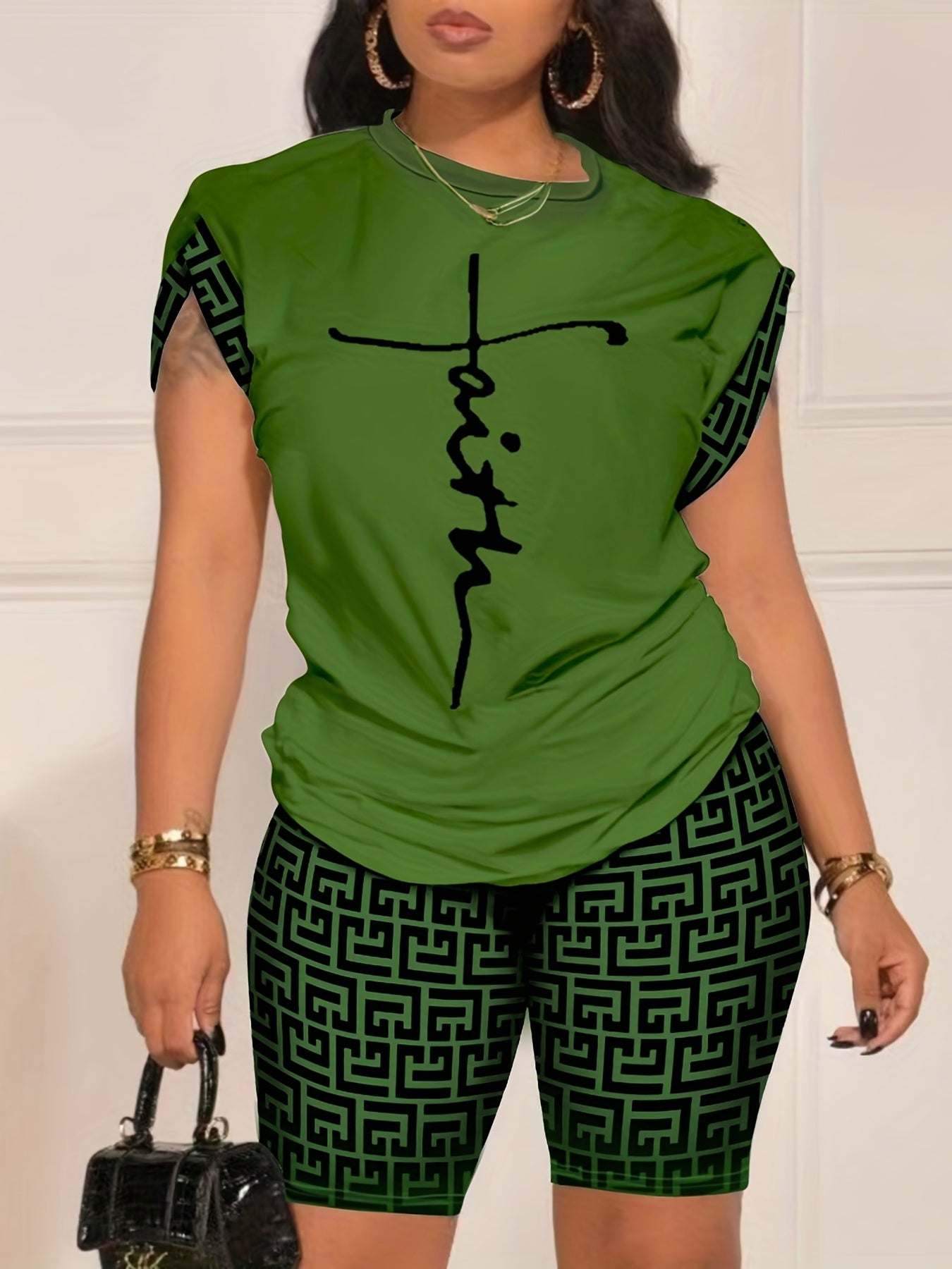 Geo Print Two piece Set Short Sleeve T shirt & Biker Shorts
