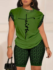 Geo Print Two piece Set Short Sleeve T shirt & Biker Shorts