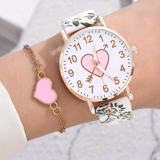 Flower Pattern PU Watch & Heart Ornament for Daily Use