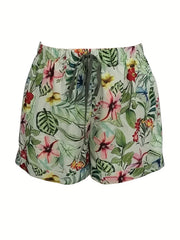  Tropical Print Elastic Drawstring Loose Shorts