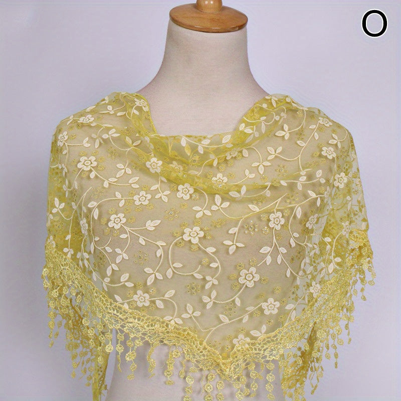 Lace Tassel Triangle Scarf Solid Flower Embroidery Shawl Mesh