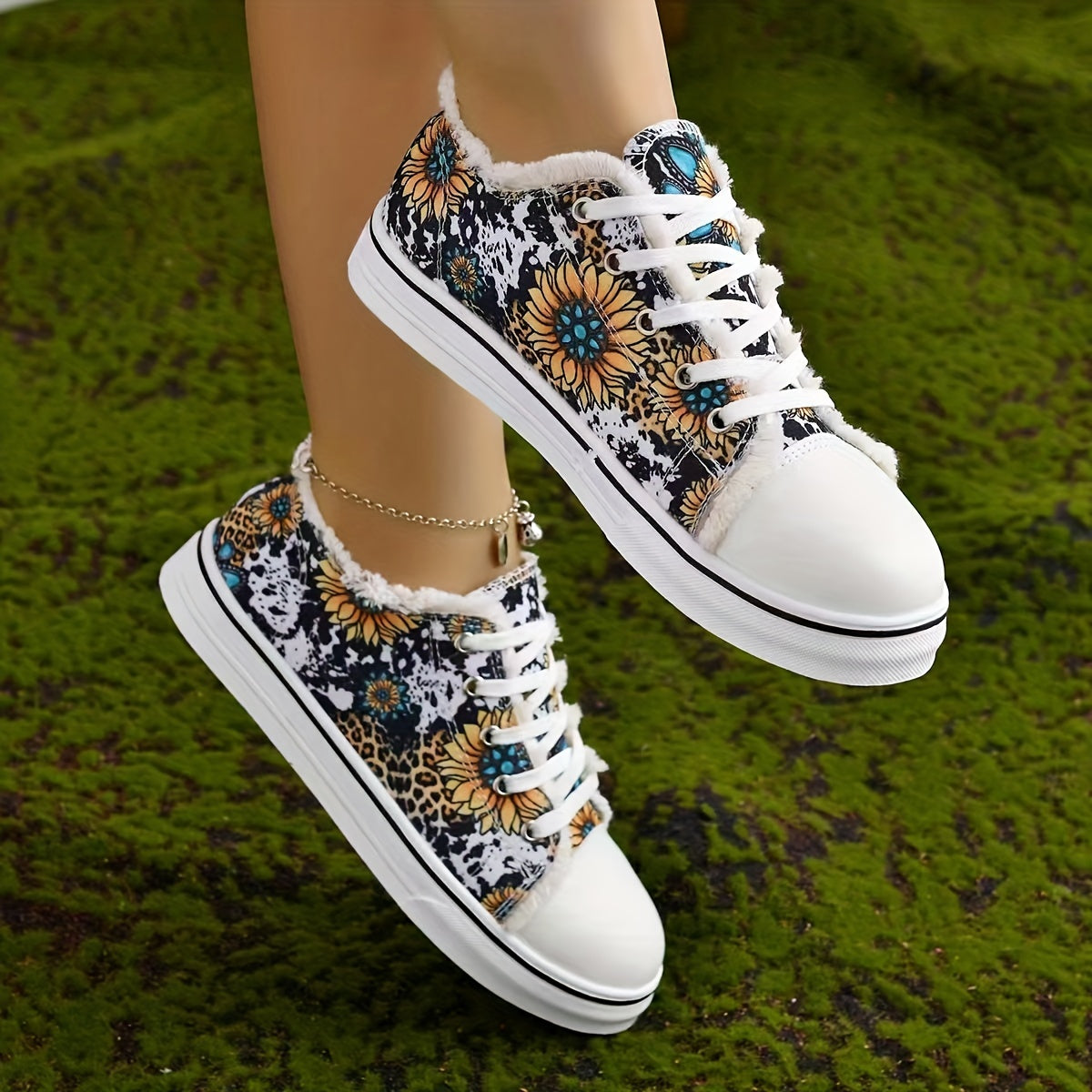 Leopard & Floral Print Canvas Shoes Lace Up Round Toe Low Trim