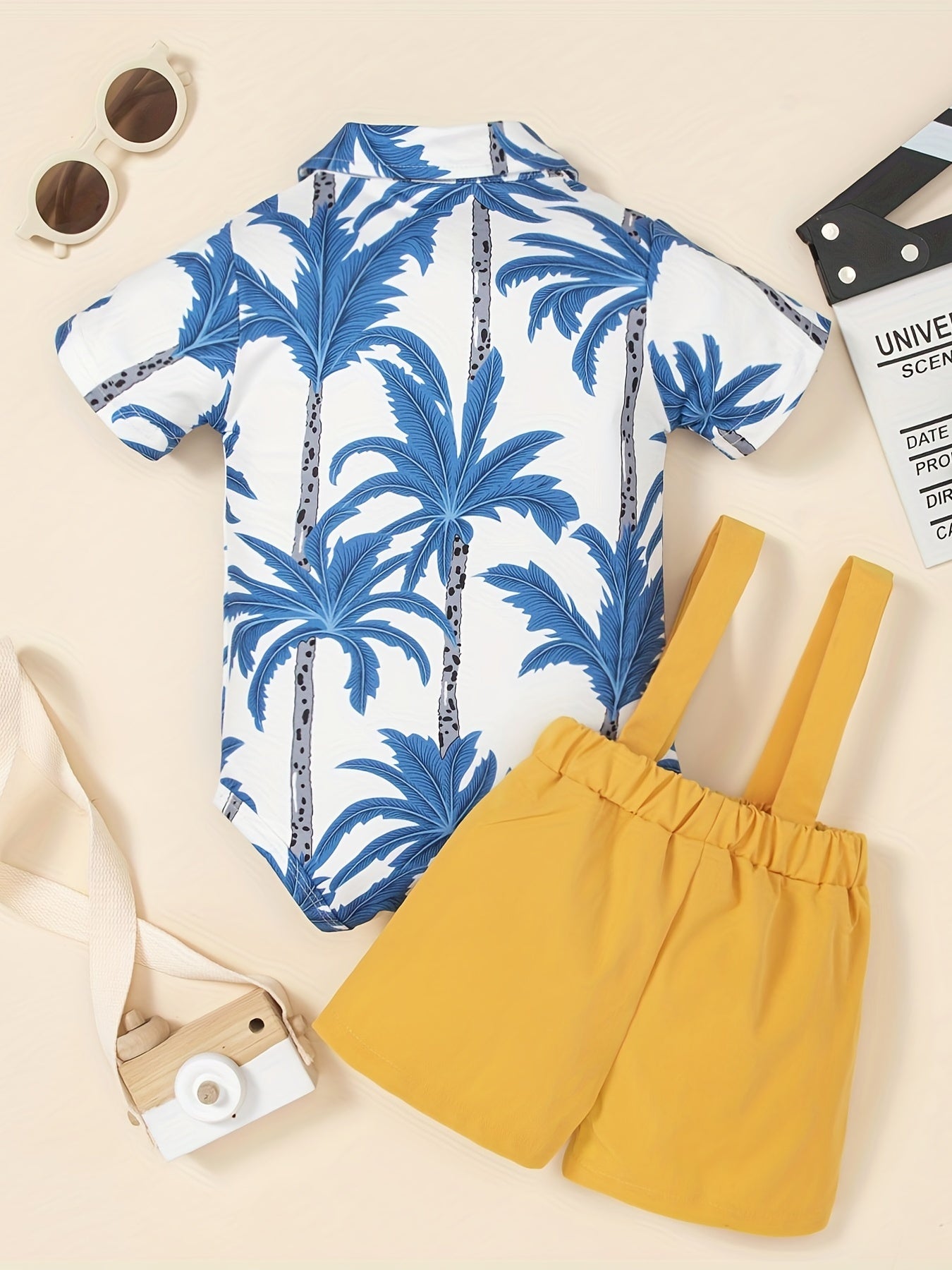 2pcs Baby Boys Coconut Tree Onesie & Suspender Shorts Set