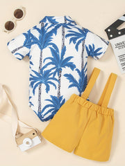 2pcs Baby Boys Coconut Tree Onesie & Suspender Shorts Set