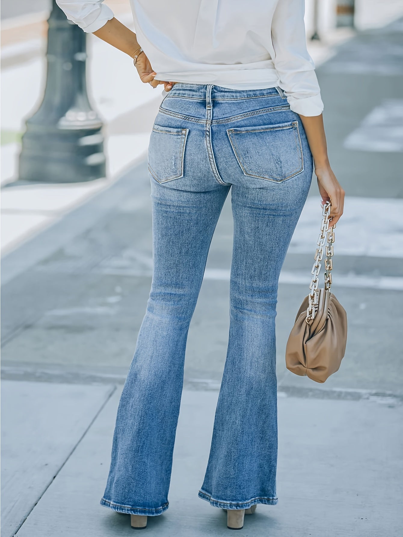  Washed Ripped Button Fly Stretch Flared Leg Jeans
