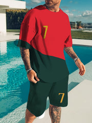 Men's Football Suit Stripe No 7 Short Sleeve Tee & Casual Shorts