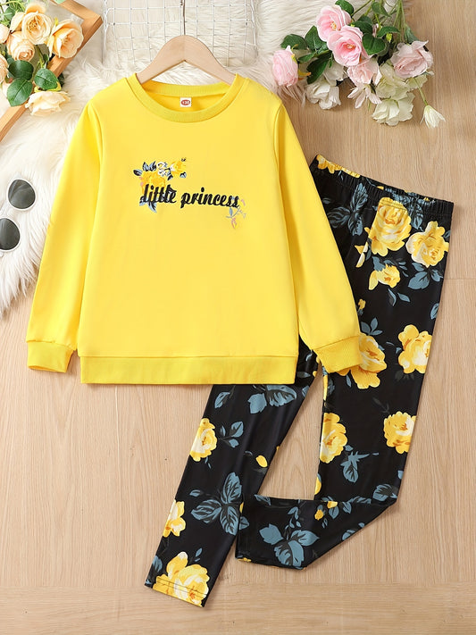 Girl's Floral 2pcs Sweatshirt & Leggings LITTLE PRINCESS Set