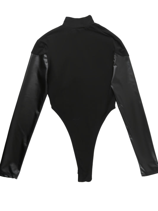 Turtleneck Faux Leather Long Sleeve Bodycon Bodysuit