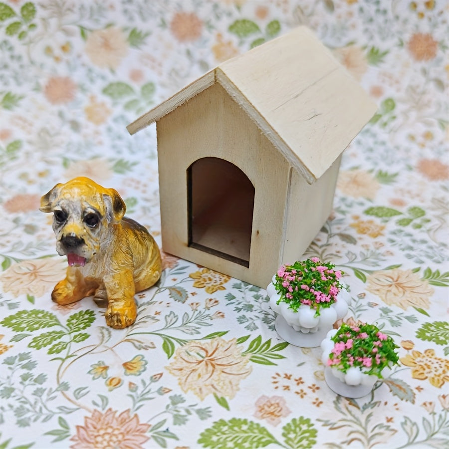 Wooden Dog House Model Toy with Puppy for Dollhouse Decor