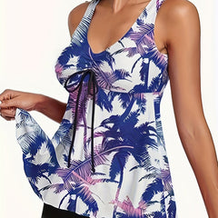  Tropical Print Boho Tankini Set Lace Up V Neck Top & Shorts Swimsuit