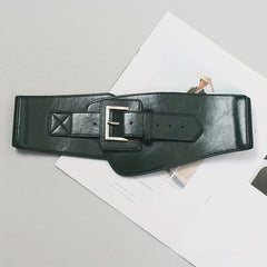 Vintage PU Belt Square Pin Buckle Classic Elastic Wide Waistband
