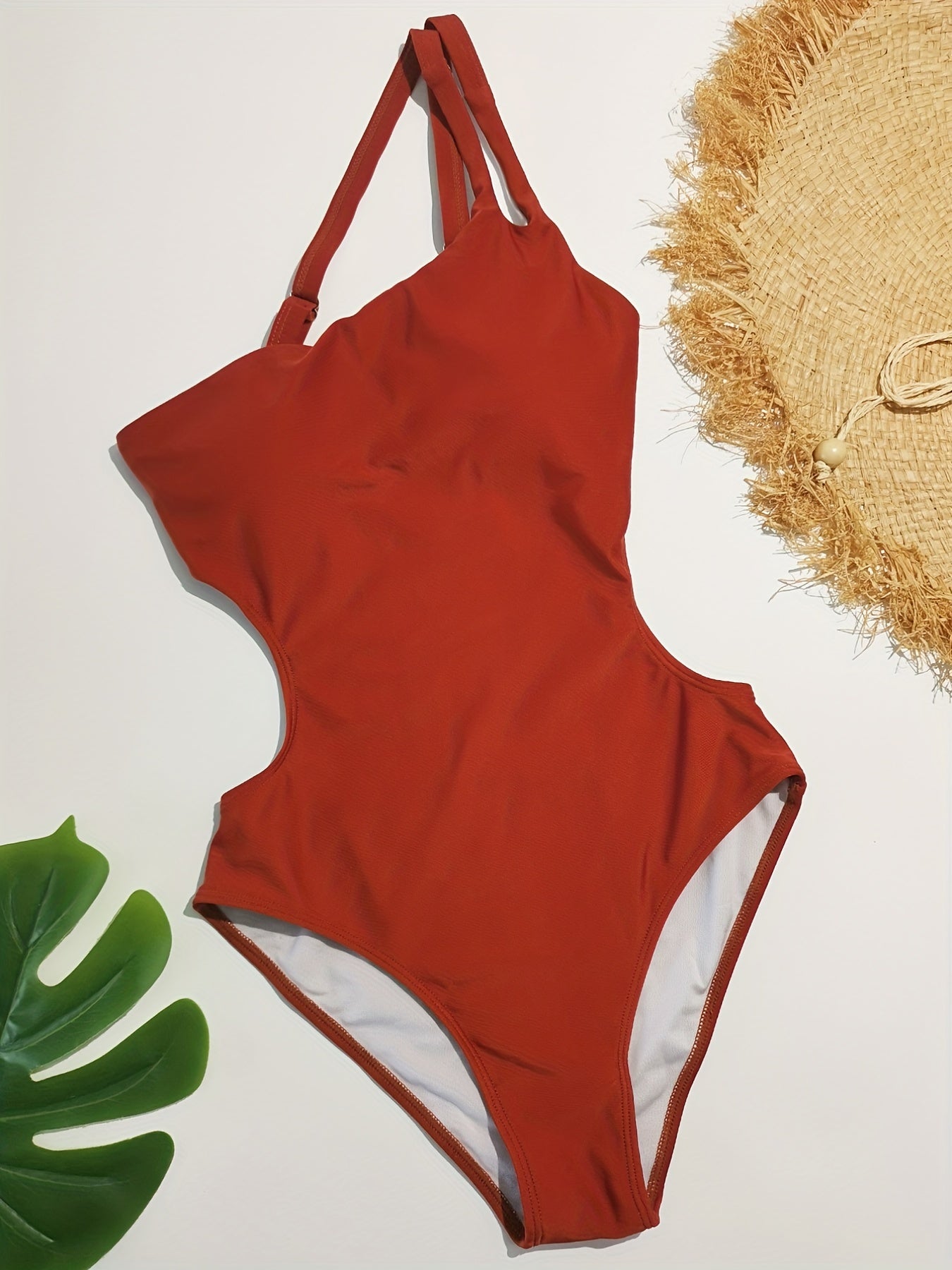 Brown One Shoulder Bathing Suit Cut Out Back Buckle Backless H