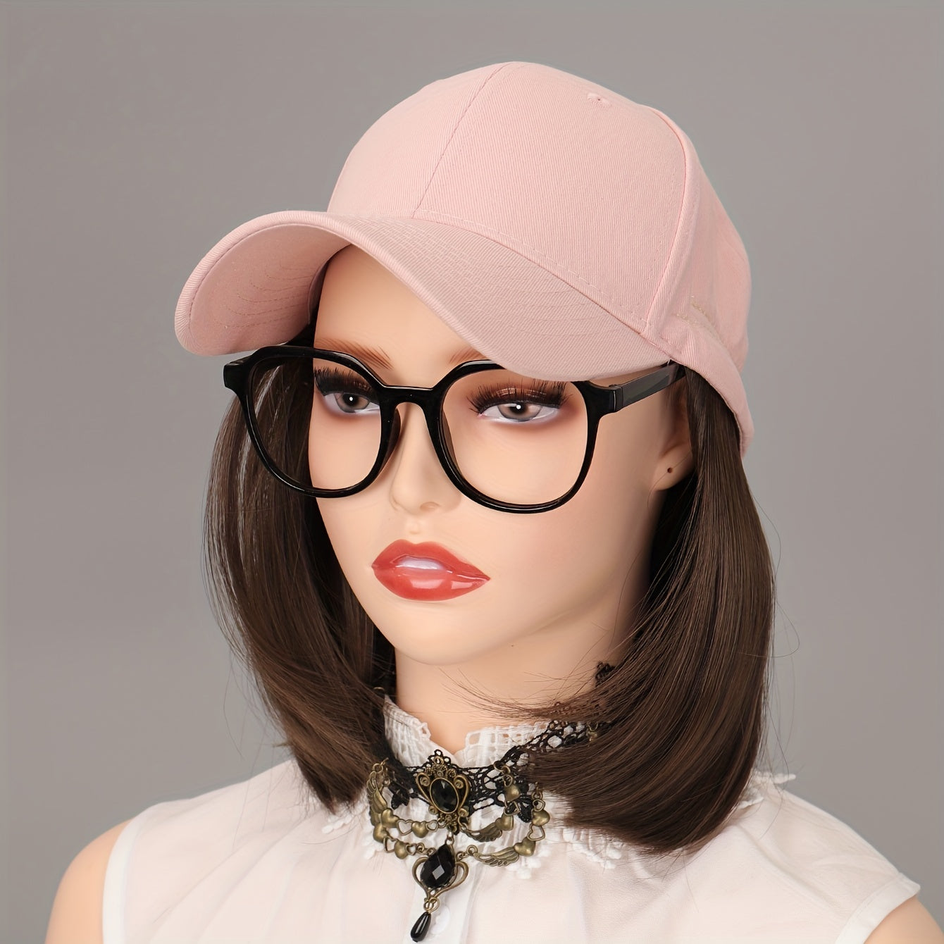 Pink Straight Bob Cap Wig Shaved Face Combed Cap Short Hair