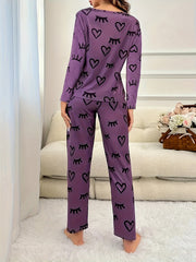 Heart & Eyelash Print Pajama Set Long Sleeve Top & Lounge Pants