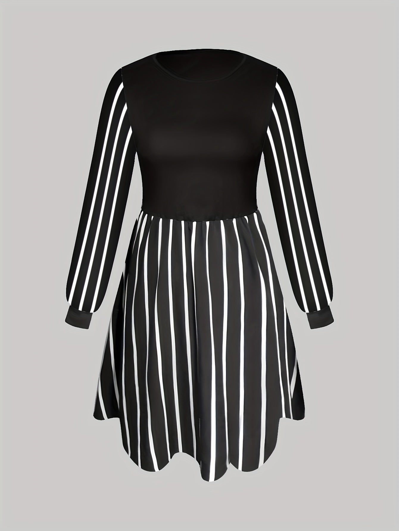  Colorblock Striped Long Sleeve Round Neck Dress