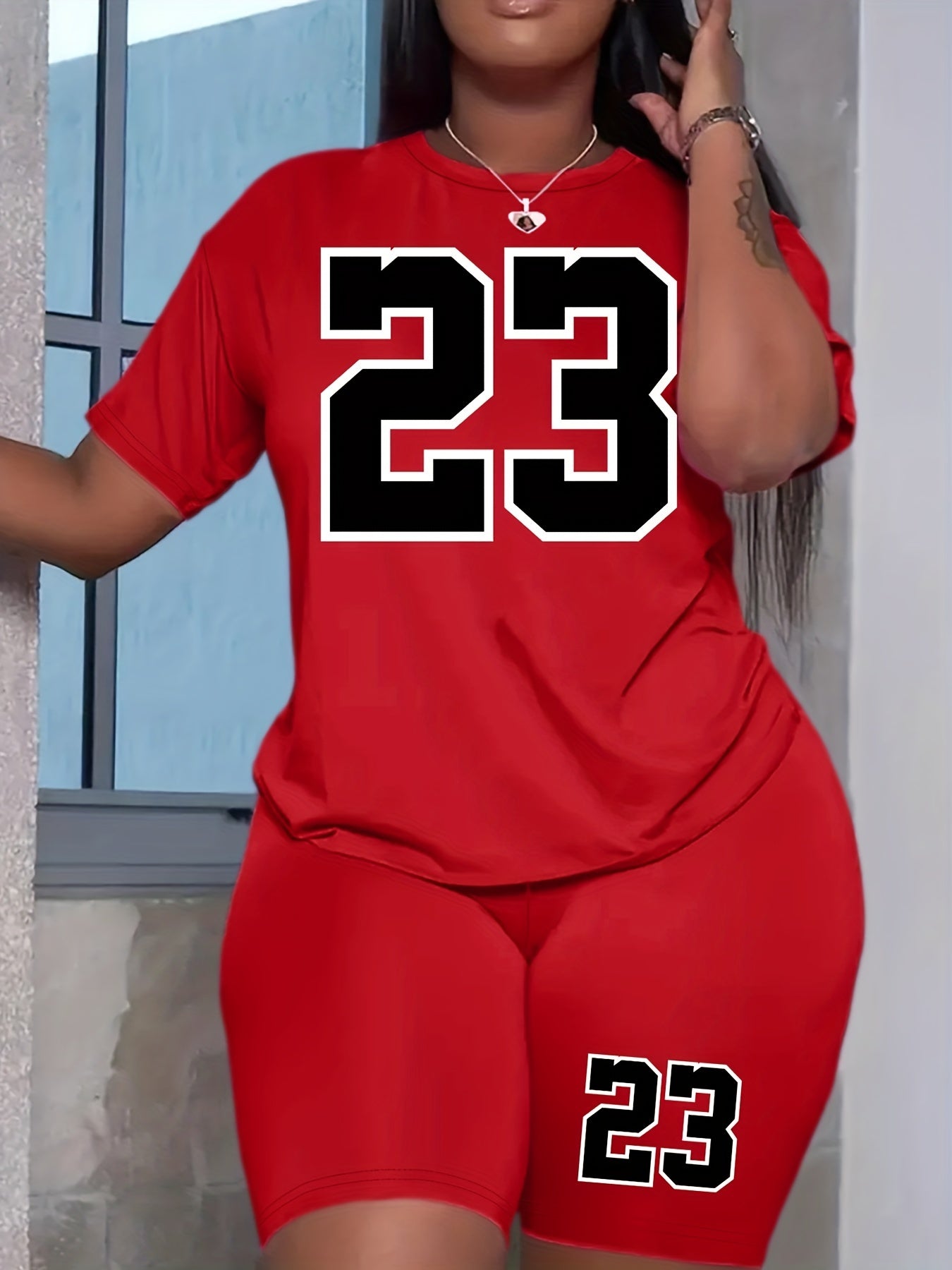 Short Sleeve T Shirt & Biker Shorts 2pcs Set for Women
