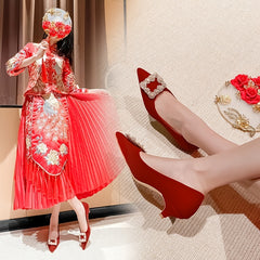 Women's Square Pearl Kitten Heels Red Pointed Toe Pumps