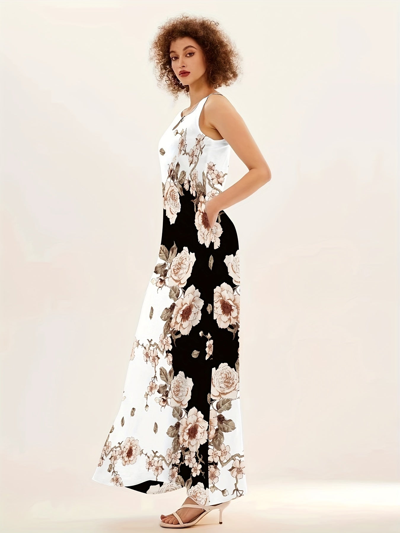 Floral Print Pocket Dress Waist Summer Swing Long Dresses Women's Clothing