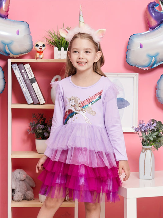 Girls Unicorn Party Princess Dress Long Sleeve Autumn Outfit