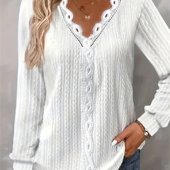  Lace Trim Long Sleeve Blouse
