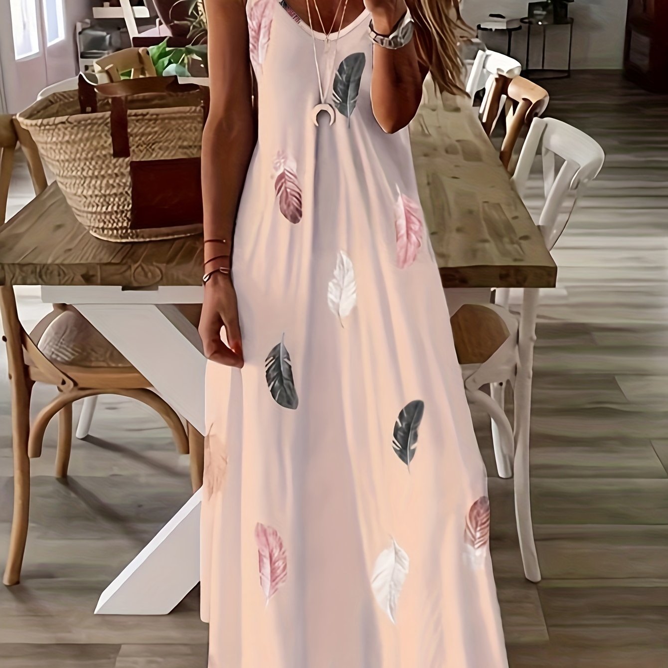  Summer Dress Women's Feather Print V Neck Maxi Dress