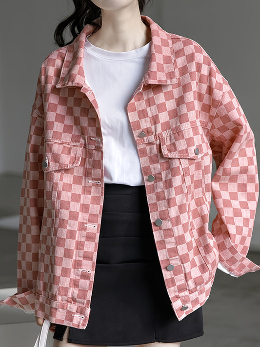Pink Checkerboard Lapel Denim Jackets Long Sleeves Drop Shoulder Denim Coats