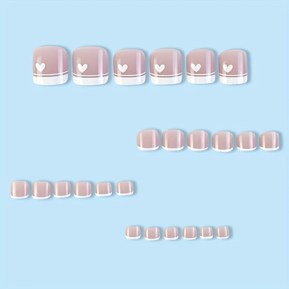 24pcs Glossy French Tip Press On Toenails with Pink Glue
