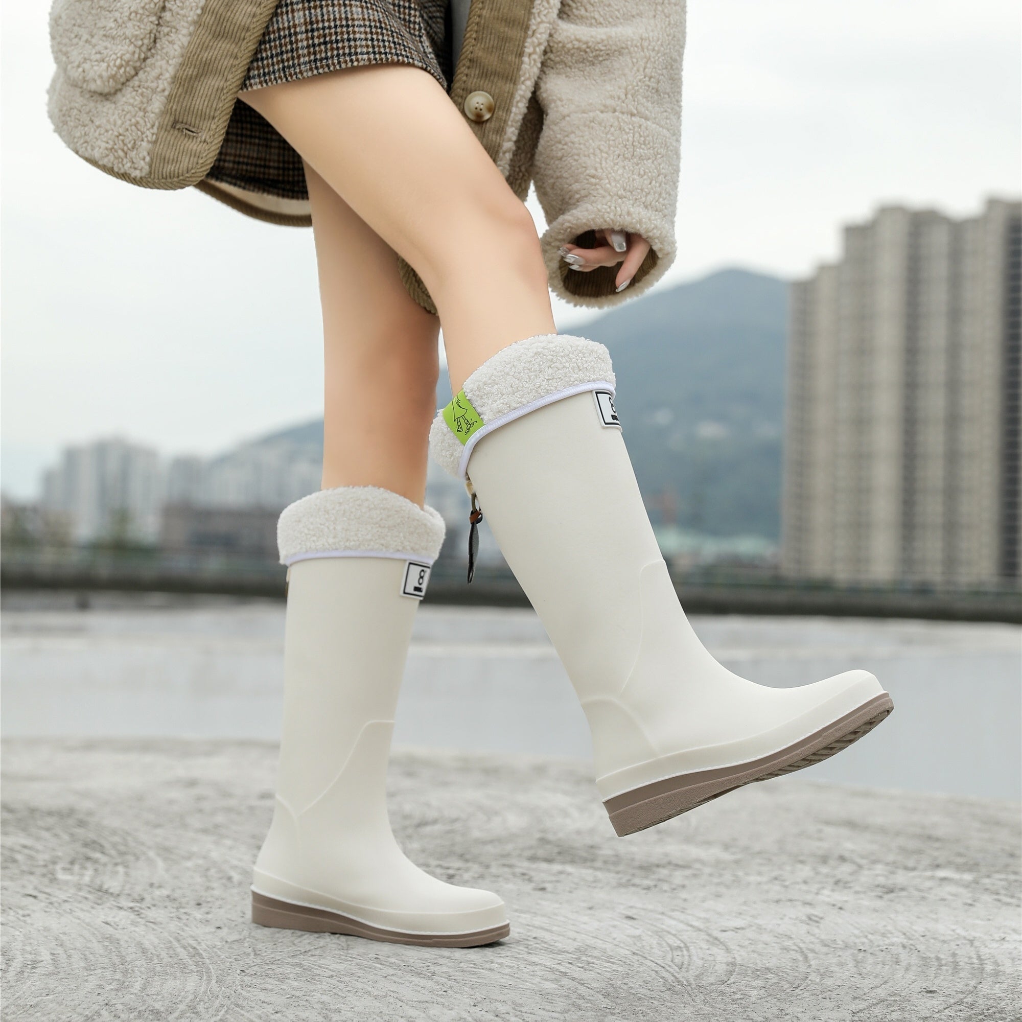 Women's Fleece Liner Slip-on Rain Boots Waterproof High Boots