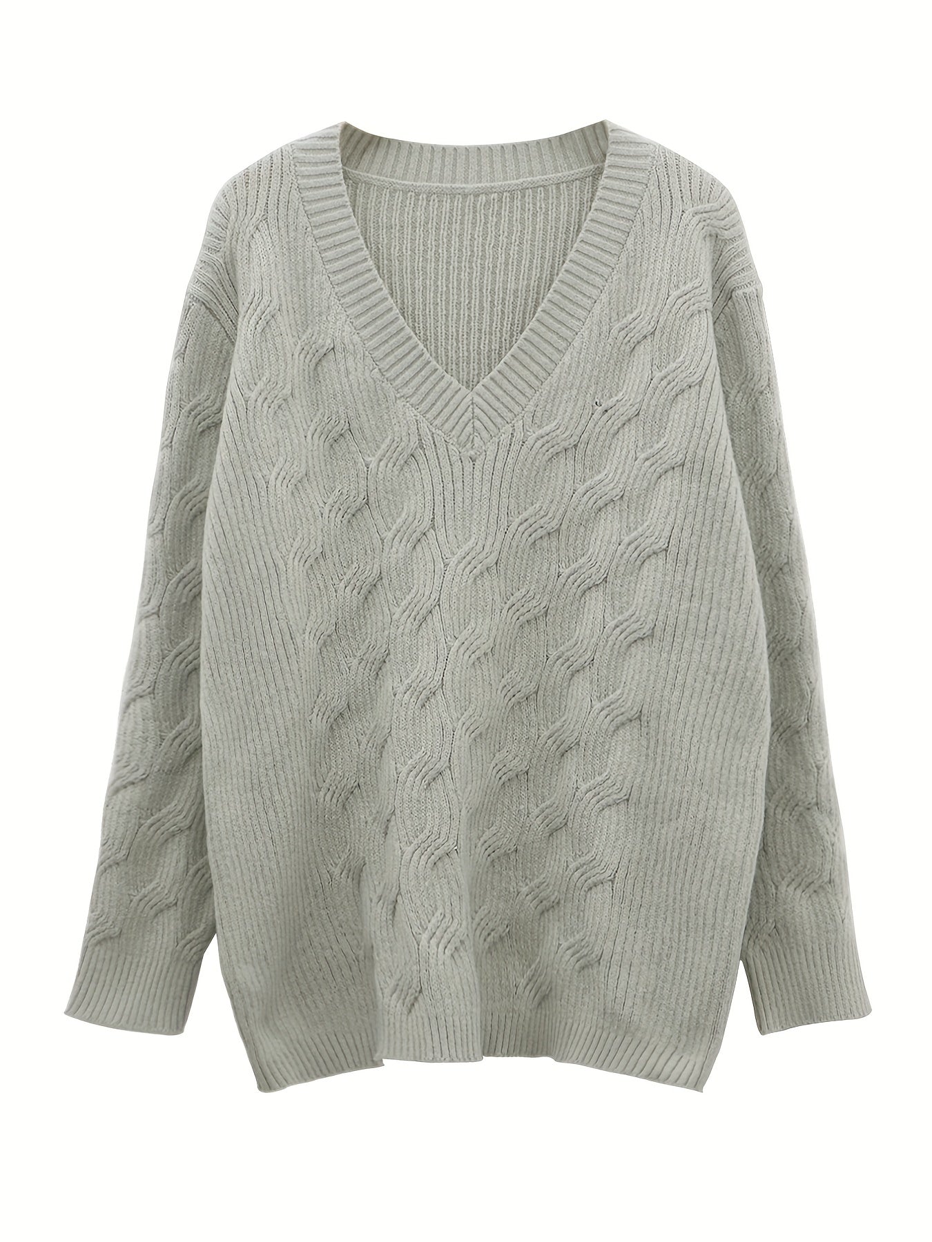  Solid Cable Long Sleeve Sweater V Neck Jumper