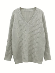  Solid Cable Long Sleeve Sweater V Neck Jumper