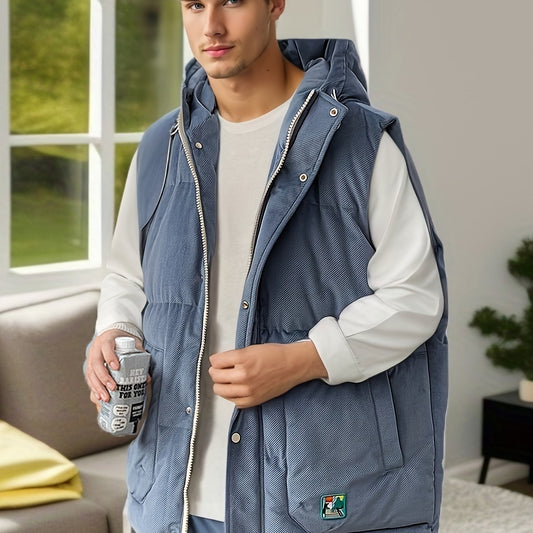 Men's Padded Thick Hooded Vest Large Pocket Warm Autumn Winter