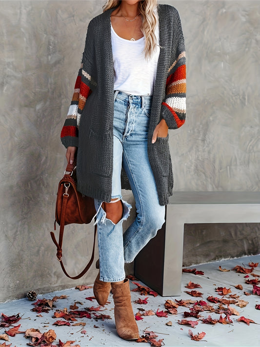  Stripe Print Lantern Sleeve Cardigan