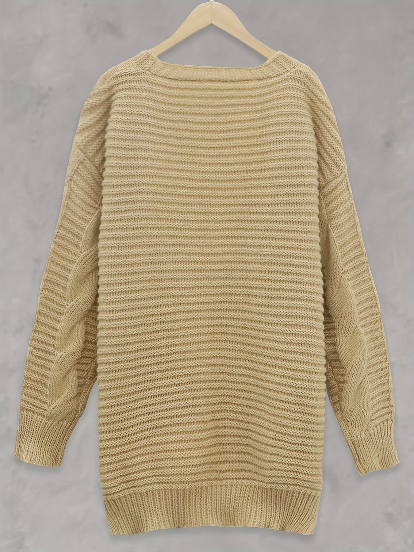  Casual Cardigan Solid Cable Open Front Long Sleeve Stretch Knit