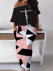  Cross Letter & Geo Print One Shoulder Top & Skirt Set