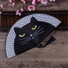 Cat Pattern Folding Fan Portable Handheld Cartoon Retro Bamboo Fan