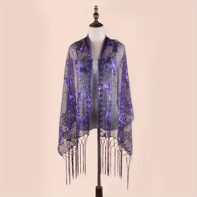 Sequin Flower Embroidery Shawl Tassel Cape Women Glitter Scarf