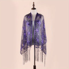 Sequin Flower Embroidery Shawl Tassel Cape Women Glitter Scarf