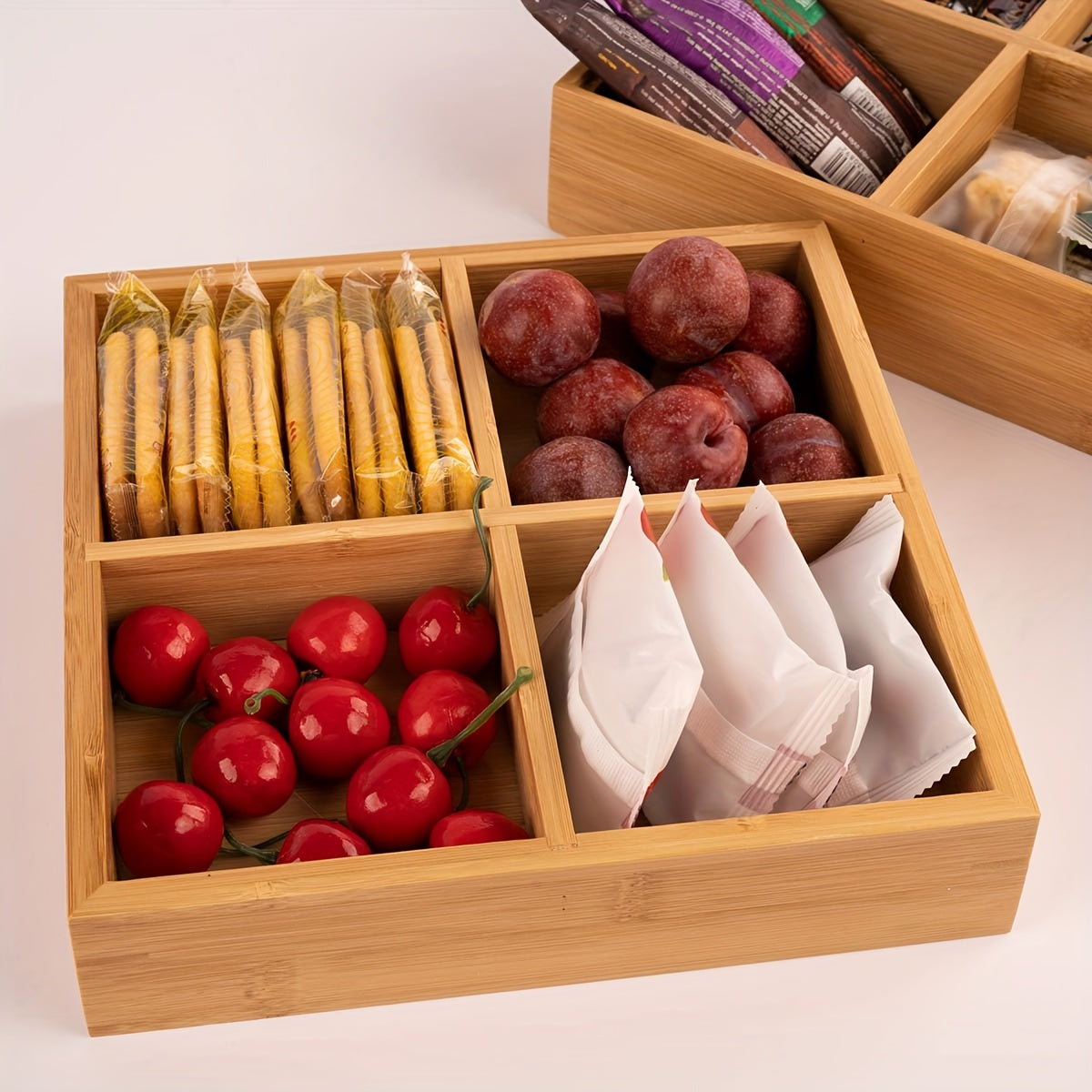 Bamboo Wood Food Storage Box Divided Compartment Bin Room Decor