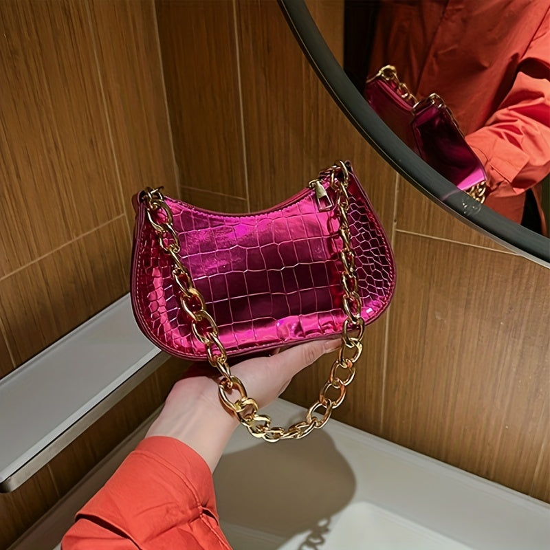 Patent Leather Shoulder Bag Crocodile Embossed Handbag with Chain