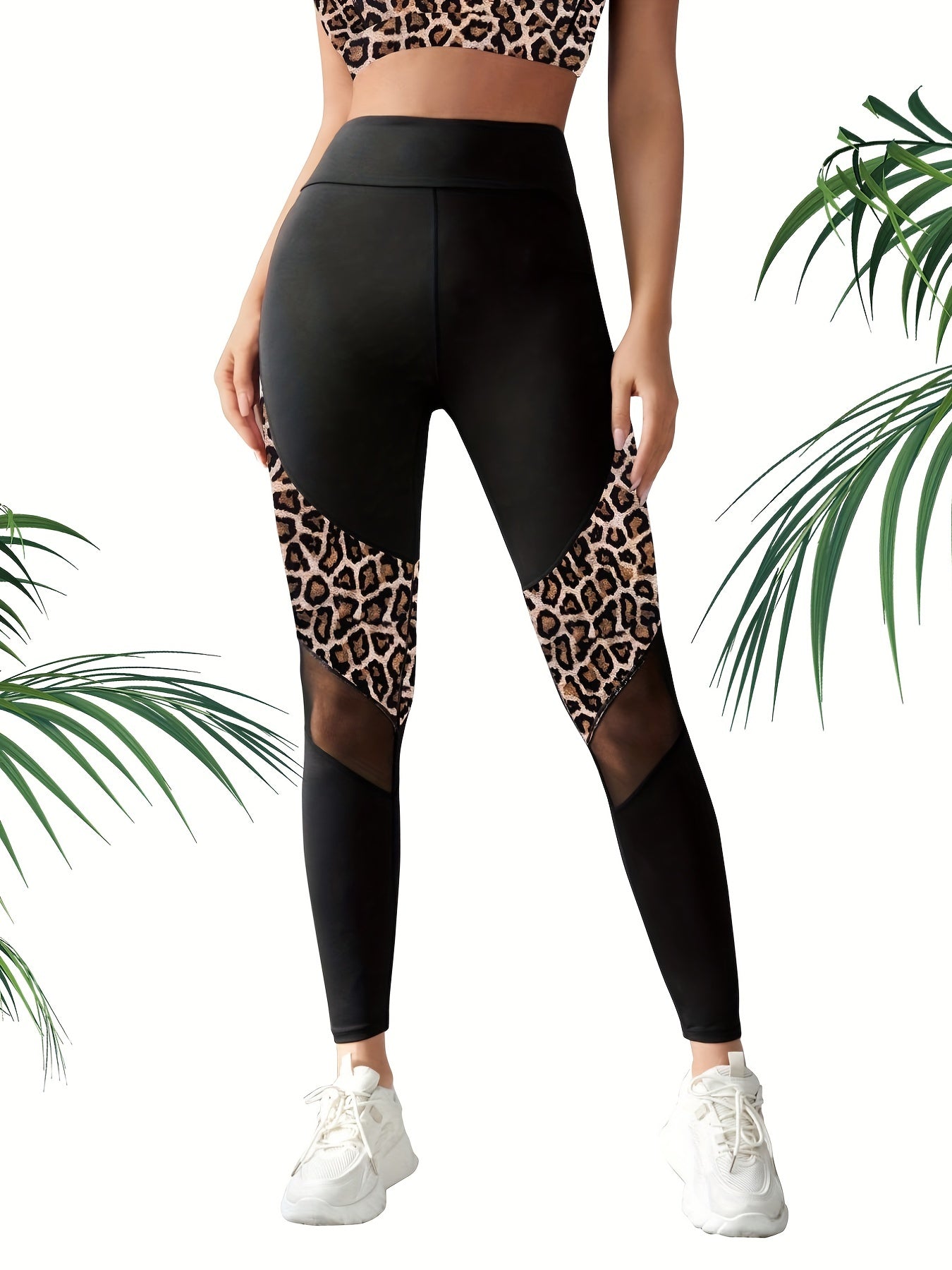 Leopard Print Mesh Stitching Tight Leggings Sports Yoga Pants