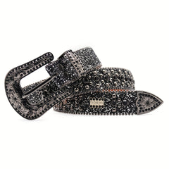 PU Leather Rhinestone Belt Flower Buckle Men