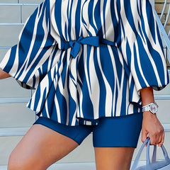 Women's Plus Stripe Off Shoulder Top & Shorts Set