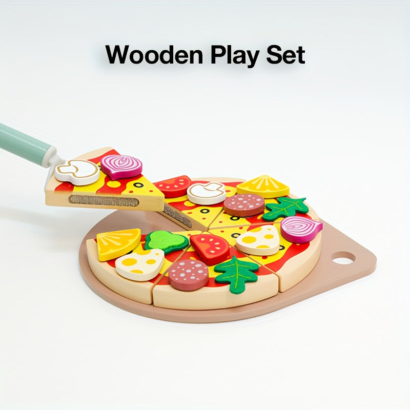 Wooden Pizza Pretend Play Toy DIY Slicing & Sticking Game with Magic Tape