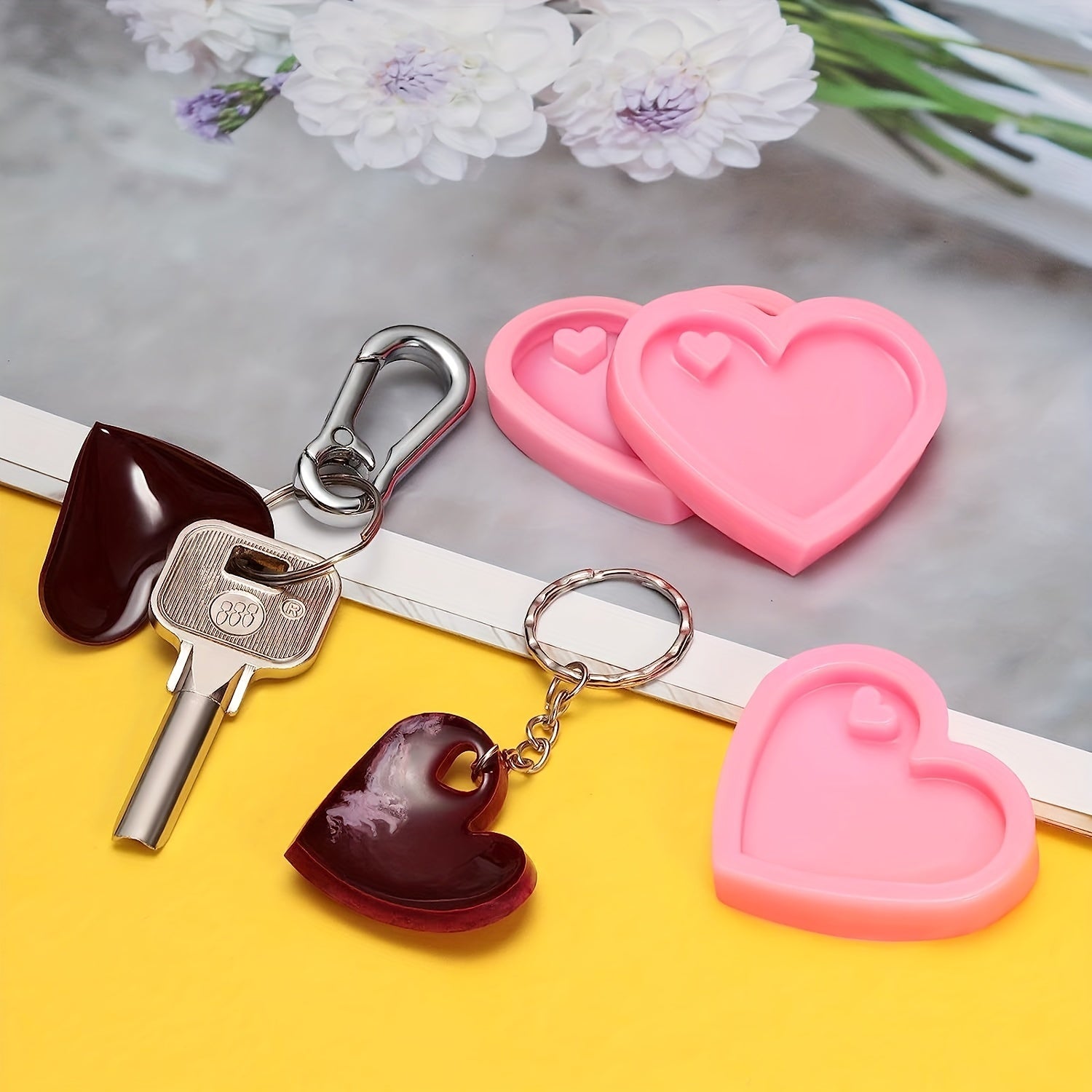 Heart Shaped Silicone Key Ring Mold with 10 Key Rings