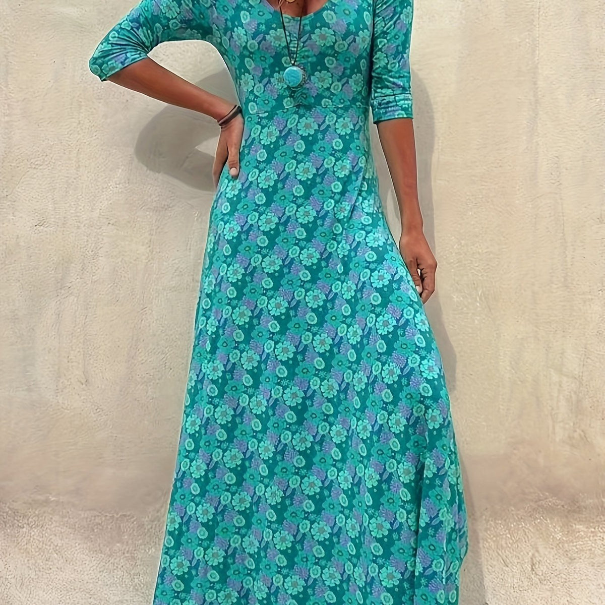  Floral Print Long Sleeve Maxi Dress