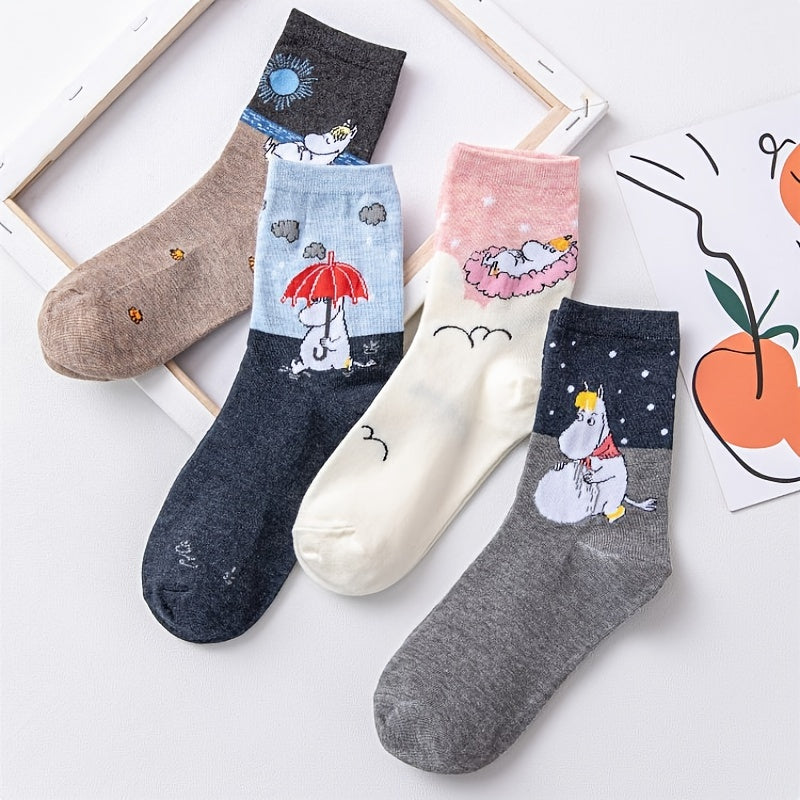 4 Pairs Cartoon Print Socks Soft Mid Tube Socks Women's Stockings