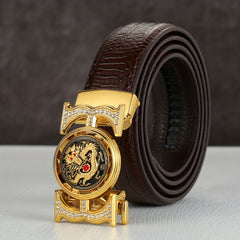Dragon Embossed Auto Buckle Belt Faux Diamond Inlaid Pu Leather Waist Strap