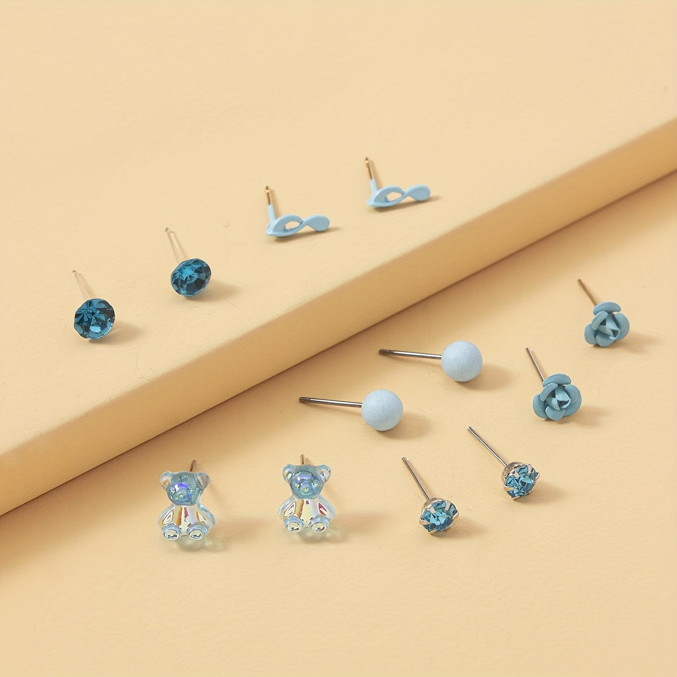 6 Pairs Ladies Bear Flower Music Symbol Stud Earrings Set